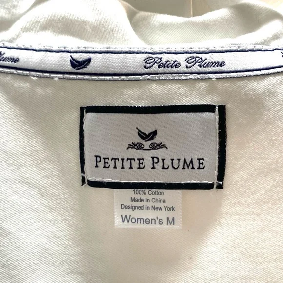Petite Plume Women's White 100% Cotton Button-Down Nightshirt Navy Piping M - Picture 2 of 6